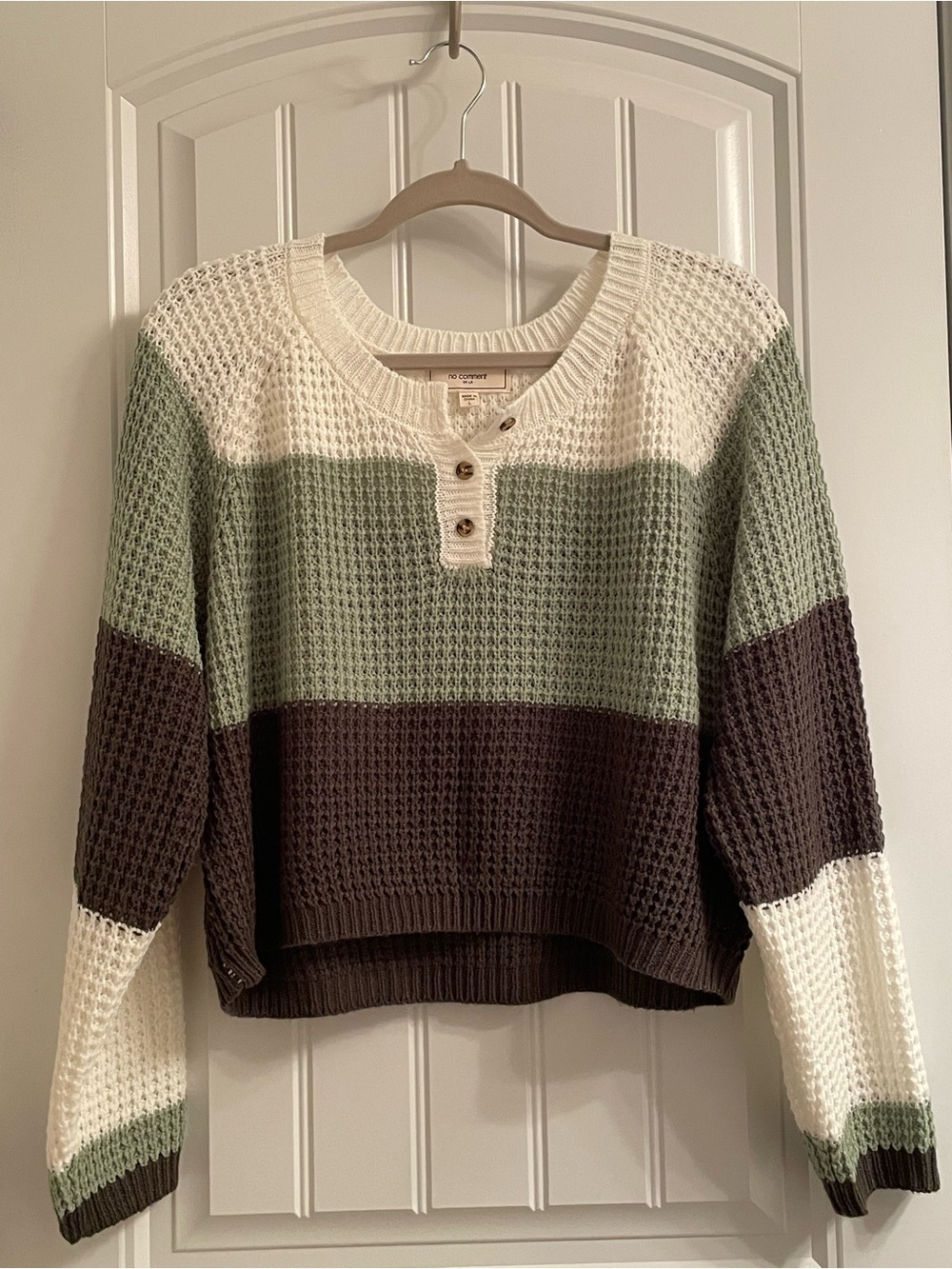 NO COMMENT Colorblock Henley Waffle Knit Sweater in cream, sage and brown